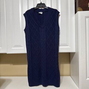 CALLAHAN KNITWEAR Cable Knit Sweater Dress Tunic Sz L Navy Sleeveless Shift
